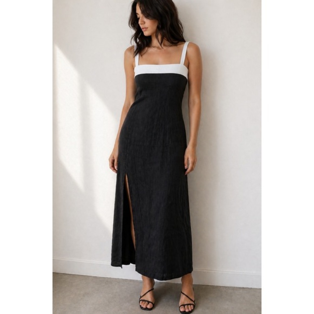 Trois Black White Linen Midi Dress Contrast Strap‎ Minimalist Size 2